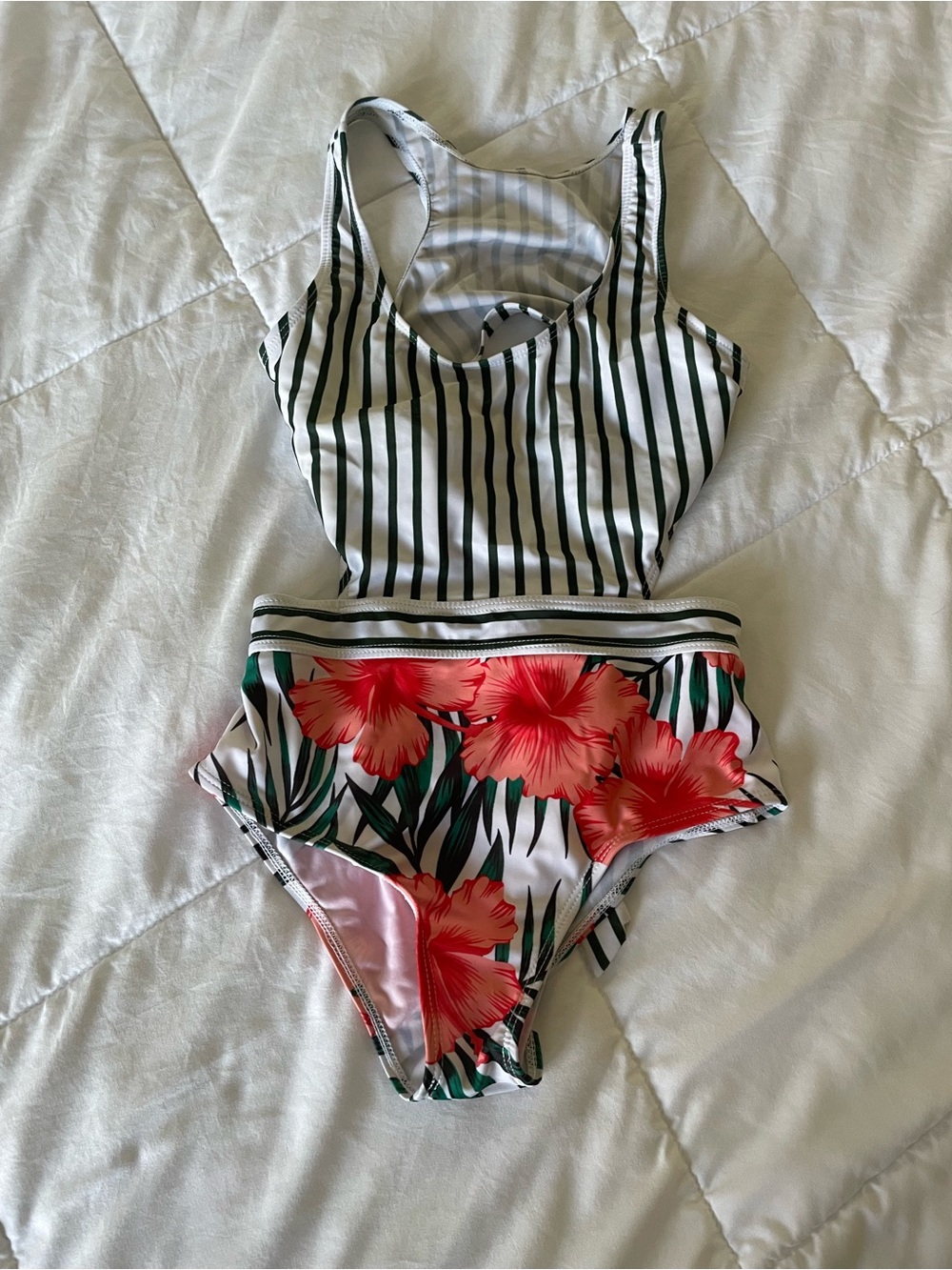 One-Piece cut off Swim suit - Pink & Green